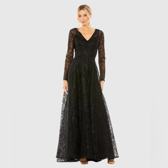 Mac Duggal 20367 NWT Black Crystal Embellished Long Sleeve V Neck Gown - Picture 3 of 10